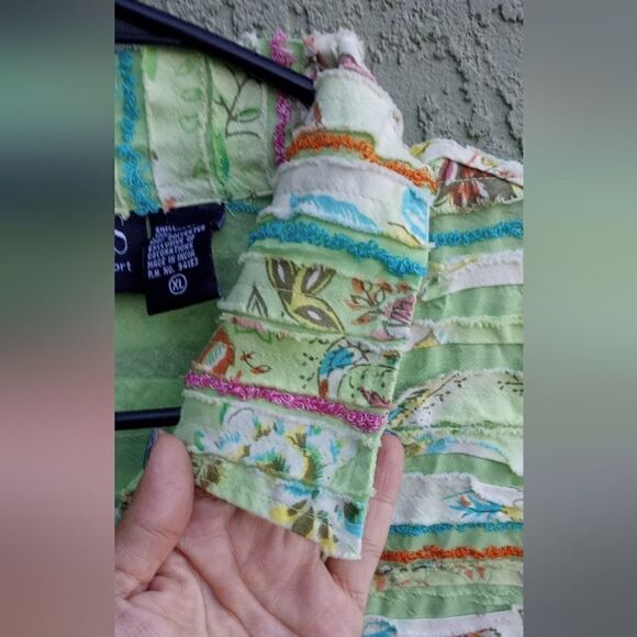 EUC NEW DIRECTION SPORT Green Lightweight Striped Floral Fabric Boho Jacket XL - Picture 7 of 12